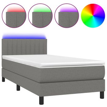 Cama Box Spring Colchón Y Luces Led Tela Gris Oscuro 90x200 Cm