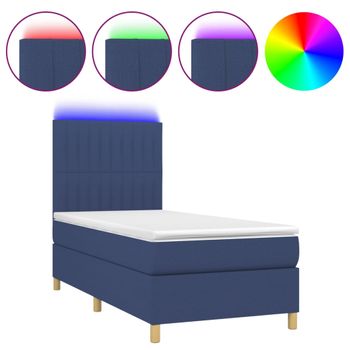 Cama Box Spring Colchón Y Luces Led Tela Azul 100x200 Cm