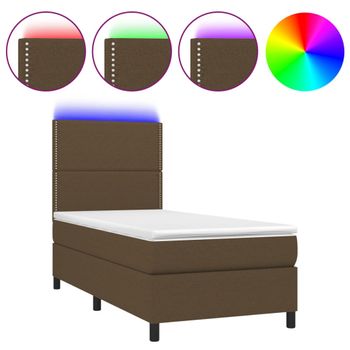 Cama Box Spring Colchón Luces Led Tela Marrón Oscuro 100x200cm