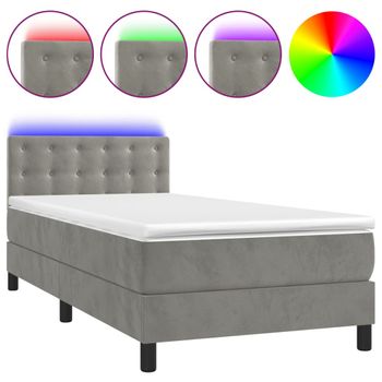 Cama Box Spring Colchón Y Led Terciopelo Gris Claro 90x200 Cm