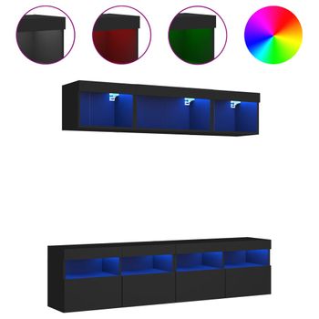 Muebles De Tv De Pared Con Led 5 Piezas Madera Ingeniería Negro