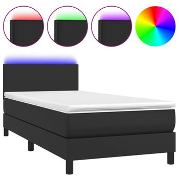 Cama Box Spring Y Colchón Led Cuero Sintético Negro 90x200 Cm