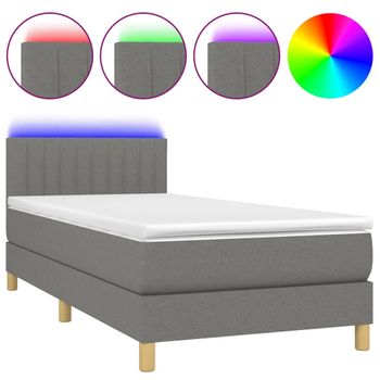 Cama Box Spring Con Colchón Y Led Tela Gris Oscuro 100x200 Cm