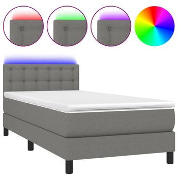 Cama Box Spring Colchón Y Luces Led Tela Gris Oscuro 100x200 Cm