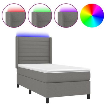 Cama Box Spring Colchón Y Luces Led Tela Gris Oscuro 80x200 Cm