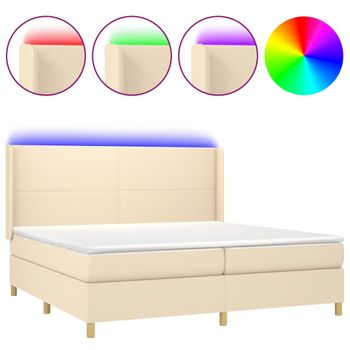 Cama Box Spring Colchón Y Luces Led Tela Crema 200x200 Cm