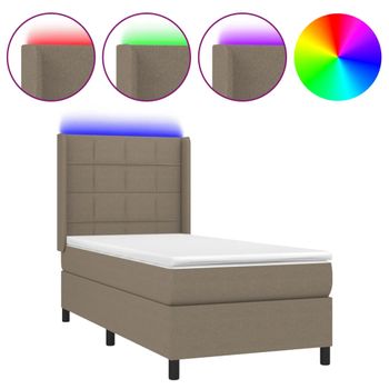 Cama Box Spring Colchón Y Luces Led Tela Gris Taupe 100x200 Cm