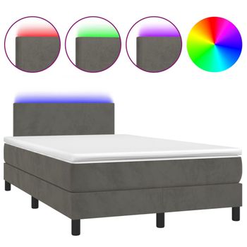 Cama Box Spring Colchón Y Led Terciopelo Gris Oscuro 120x200 Cm