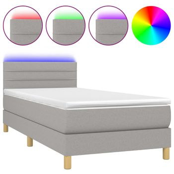 Cama Box Spring Con Colchón Tela Y Led Gris Claro 100x200 Cm