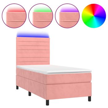 Cama Box Spring Colchón Y Led Terciopelo Rosa 80x200 Cm