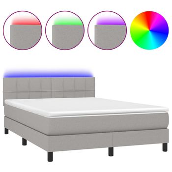 Cama Box Spring Colchón Y Luces Led Tela Gris Claro 140x200 Cm