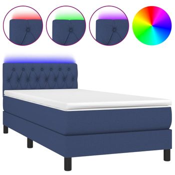 Cama Box Spring Colchón Y Luces Led Tela Azul 90x190 Cm