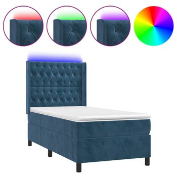 Cama Box Spring Colchón Y Led Terciopelo Azul Oscuro 90x190 Cm