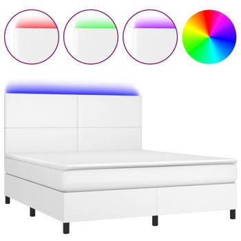 Cama Box Spring Colchón Y Led Cuero Sintético Blanco 180x200 Cm