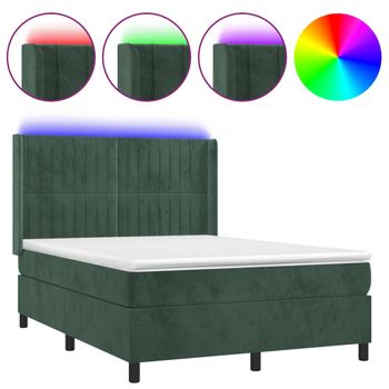 Cama Box Spring Colchón Y Led Terciopelo Verde Oscuro 140x190cm