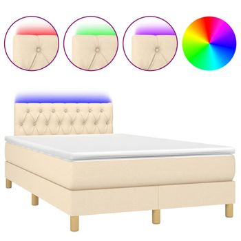 Cama Box Spring Con Colchón Y Led Tela Crema 120x200 Cm