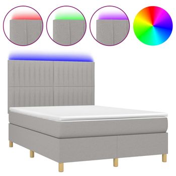 Cama Box Spring Colchón Y Luces Led Tela Gris Claro 140x200 Cm