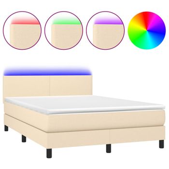 Cama Box Spring Con Colchón Y Led Tela Crema 140x190 Cm