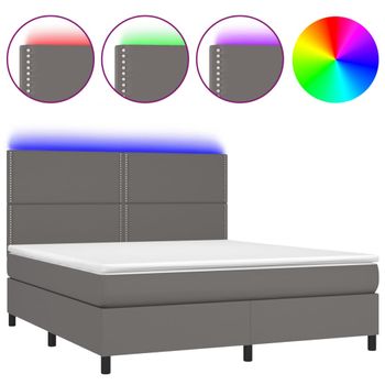 Cama Box Spring Colchón Y Led Cuero Sintético Gris 180x200 Cm