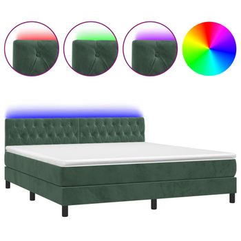 Cama Box Spring Colchón Y Led Terciopelo Verde Oscuro 160x200cm