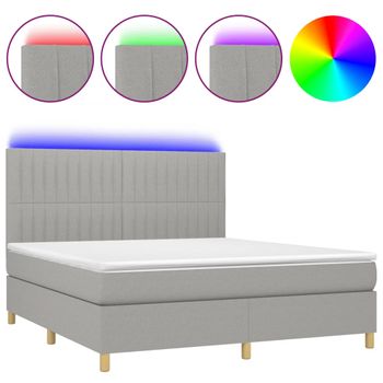 Cama Box Spring Colchón Y Luces Led Tela Gris Claro 180x200 Cm