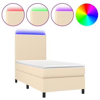 Cama Box Spring Colchón Y Luces Led Tela Color Crema 90x190 Cm