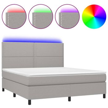 Cama Box Spring Colchón Y Luces Led Tela Gris Claro 180x200 Cm