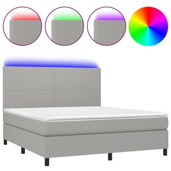 Cama Box Spring Colchón Y Luces Led Tela Gris Claro 180x200 Cm