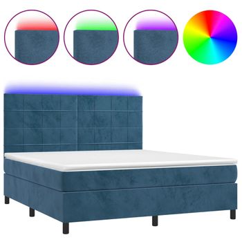 Cama Box Spring Colchón Y Led Terciopelo Azul Oscuro 180x200 Cm