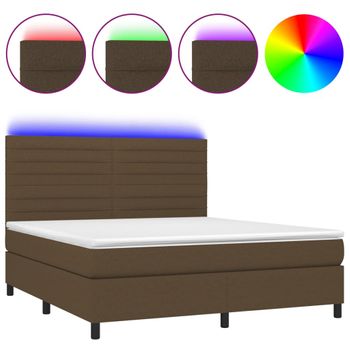 Cama Box Spring Colchón Luces Led Tela Marrón Oscuro 180x200cm