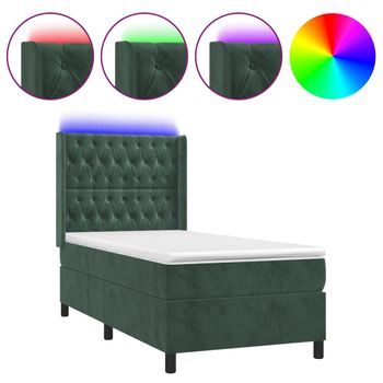 Cama Box Spring Colchón Y Led Terciopelo Verde Oscuro 80x200 Cm