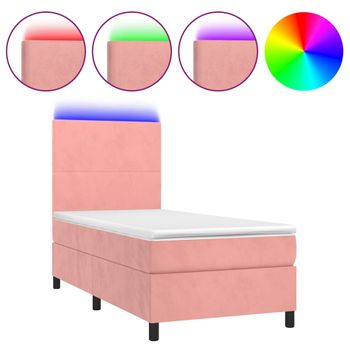 Cama Box Spring Colchón Y Led Terciopelo Rosa 100x200 Cm