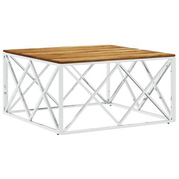 Mesa De Centro Acero Inoxidable Y Madera Maciza Acacia Plateado