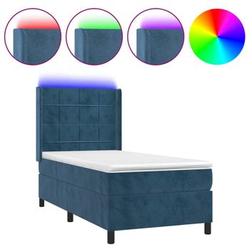 Cama Box Spring Colchón Y Led Terciopelo Azul Oscuro 80x200 Cm