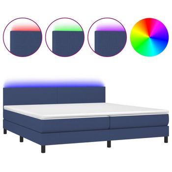 Cama Box Spring Con Colchón Y Led Tela Azul 200x200 Cm