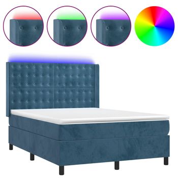 Cama Box Spring Colchón Y Led Terciopelo Azul Oscuro 140x200 Cm