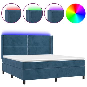 Cama Box Spring Colchón Y Led Terciopelo Azul Oscuro 160x200 Cm