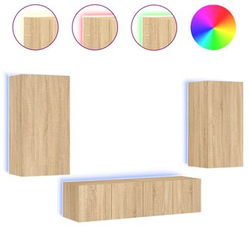 Muebles Tv Pared Con Led 4 Piezas Madera Ingeniería Roble Sonoma