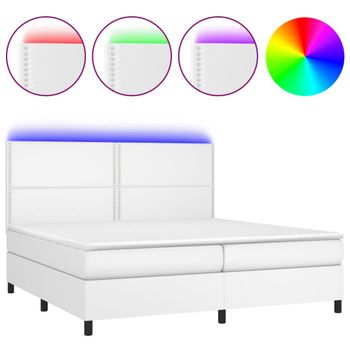 Cama Box Spring Colchón Y Led Cuero Sintético Blanco 200x200 Cm