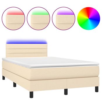 Cama Box Spring Con Colchón Y Luces Led Tela Crema 120x190 Cm