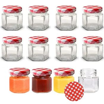 Pack De 12 Tarros Pequeños De Cristal Hexagonales Con Tapa Hermética De 45ml – Incluye Etiquetas