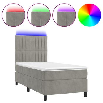 Cama Box Spring Colchón Y Led Terciopelo Gris Claro 90x200 Cm