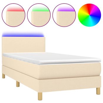 Cama Box Spring Colchón Y Luces Led Tela Crema 100x200 Cm