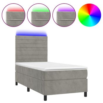 Cama Box Spring Colchón Y Led Terciopelo Gris Claro 90x190 Cm