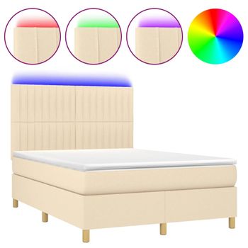 Cama Box Spring Colchón Y Luces Led Tela Crema 140x200 Cm