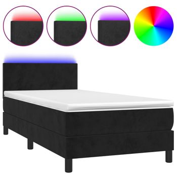 Cama Box Spring Colchón Y Led Terciopelo Negro 100x200 Cm