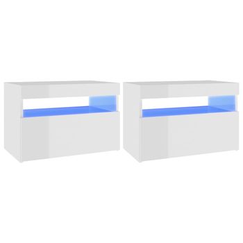 Mesitas Noche Led 2 Unidades Contrachapada Blanco Brillo 60x35x40 Cm