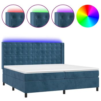 Cama Box Spring Colchón Y Led Terciopelo Azul Oscuro 200x200 Cm