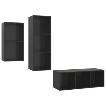 Set De Mueble Para Tv 3 Piezas Madera Contrachapada Negro Brillo