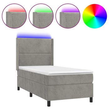 Cama Box Spring Colchón Y Led Terciopelo Gris Claro 90x190 Cm